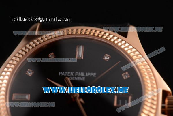 Patek Philippe Calatrava Miyota 9015 Automatic Rose Gold Case with Black Dial and Diamonds Markers Black Leather Strap - Click Image to Close